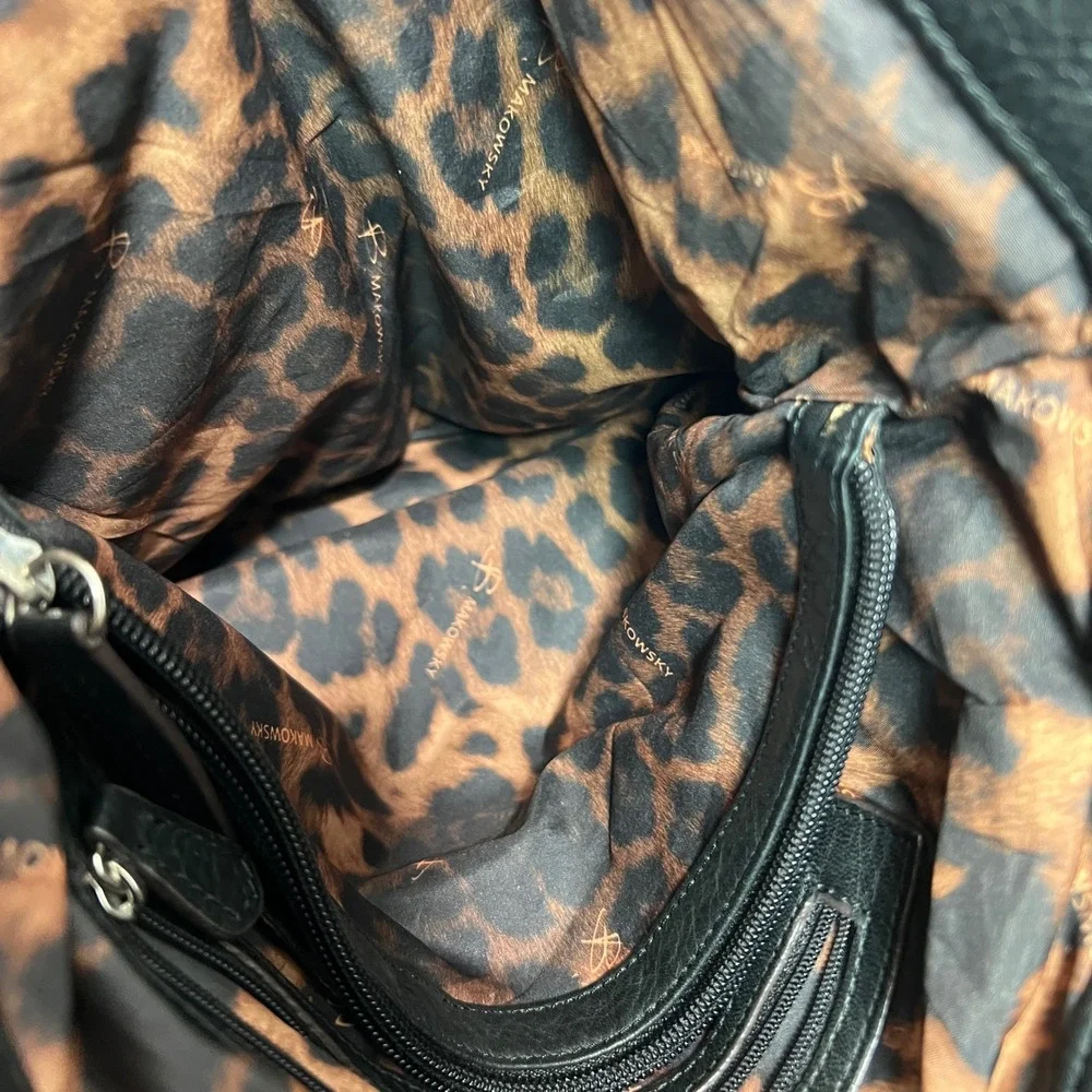 B. Makowsky Black Pebbled Leather Shoulder Bag Leopard Lining Silver Hardware